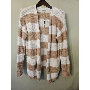Nwt Moral Fiber XL Cardigan Brwn Ivory Striped Open Front Lightweight Knit Fuzzy